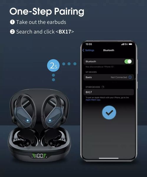Водонепроницаемые беспроводные наушники черного цвета для спорта TWS BX17 с индикатором заряда X17-Black фото