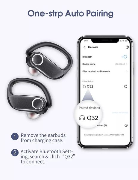 Беспроводные спортивные водонепроницаемые наушники TWS Q32 с спортивным креплением за ухо, сенсорами и микрофоном Q32 фото
