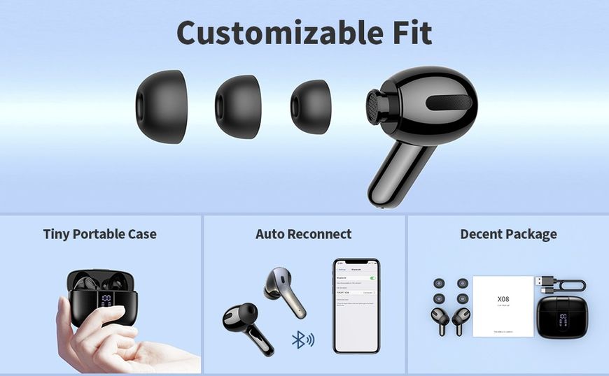 Bluetooth стерео навушники TWS X08 з зарядним кейсом з LED дисплеєм та індикатором заряду та активним шумоподавленням Сірий 547857 фото