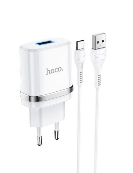 Мережевий зарядний пристрій Hoco N1 12W. 2.4 A з USB-роз'ємом і кабелем Type-c у комплекті Білий.