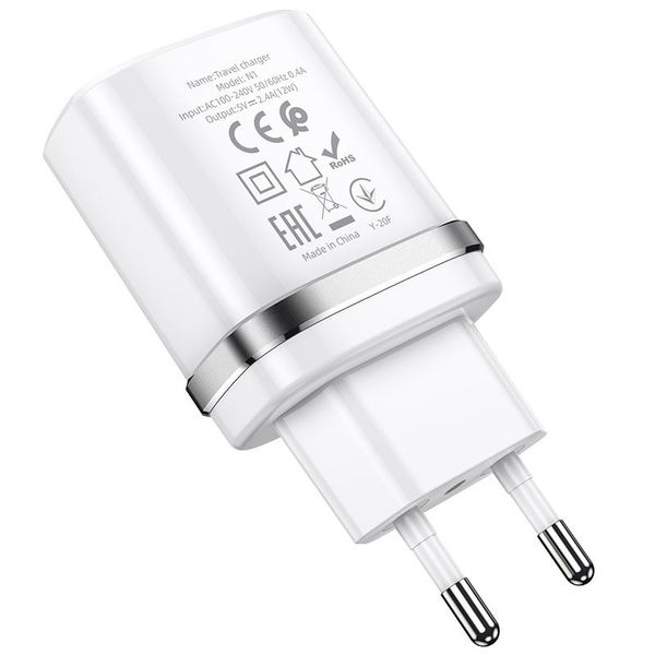 Сетевое зарядное устройство Hoco N1 12W. 2.4A с USB разъемом и кабелем Type-c в комлекте Белый.