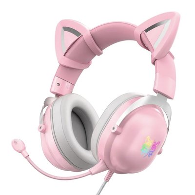 Ігрові дротові навушники Onikuma X11 з котячими вушками з мікрофоном та LED RGB підсвічуванням Рожевий 346829 фото