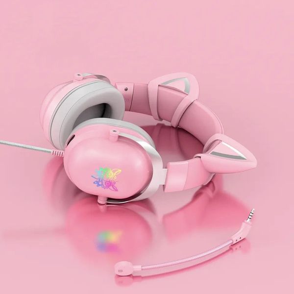 Ігрові дротові навушники Onikuma X11 з котячими вушками з мікрофоном та LED RGB підсвічуванням Рожевий 346829 фото