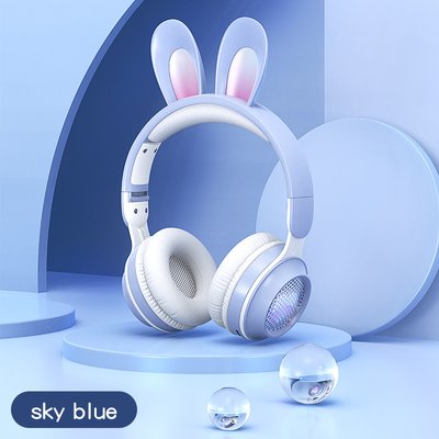 Бездротові дитячі стерео навушники з вушками кролика, ігровим мікрофоном та LED підсвічуванням Блакитний KE-01 109878 фото